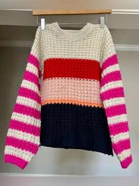 Cat & Jack Cream Sweater with Fuchsia, Red, Pink, Peach & Navy Stripes